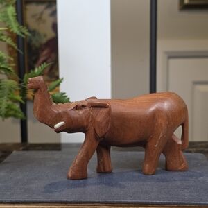 Vintage Hand Carved Wood Elephant Mahout Howdah Style Trunk Up Lucky Charm